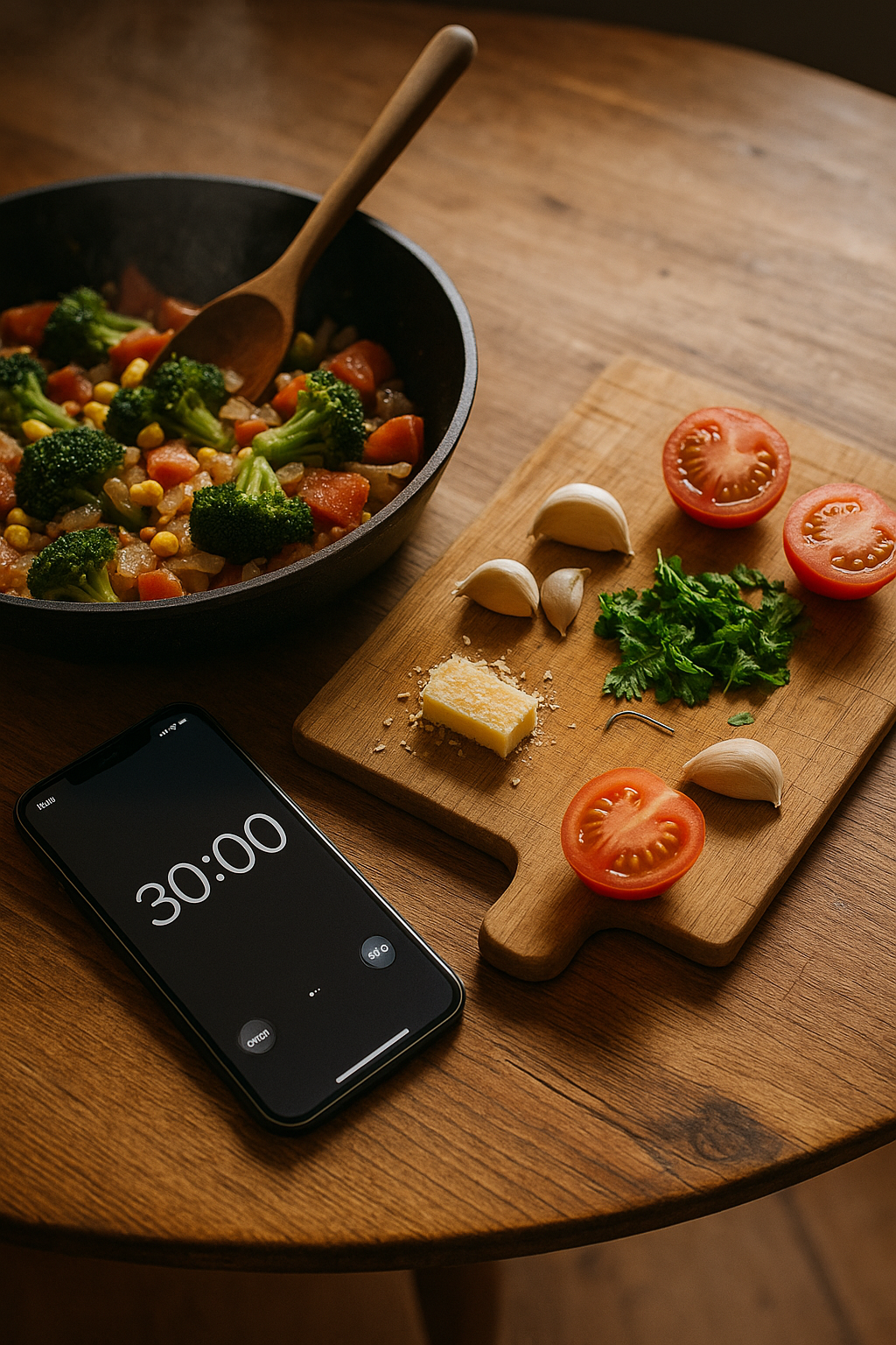 Gesundes Gemüse-Pfannengericht in einer Pfanne mit frischen Zutaten auf einem Schneidebrett und einem Handy-Timer, der 30:00 zeigt - zeigt schnelle hausgemachte Mahlzeiten
